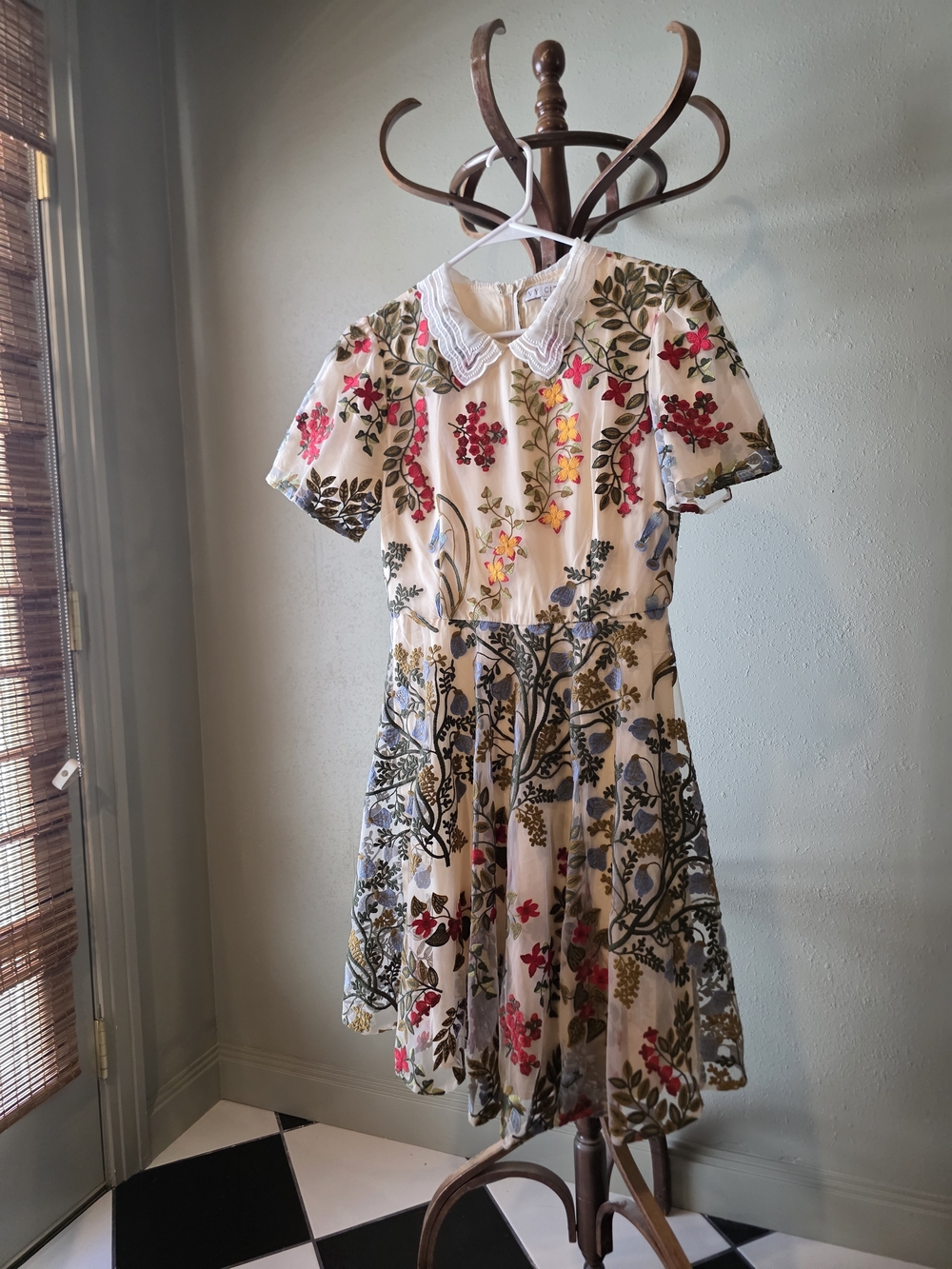 Ivy City Floral Embroidered Cream Dress with Peter Pan Collar